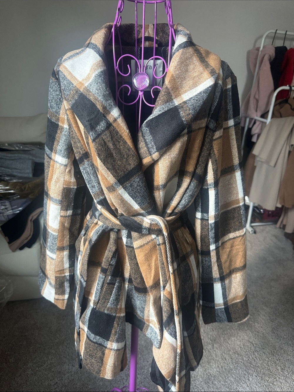 Allegra K Plaid Tie-Waist Robe Coat in Camel black